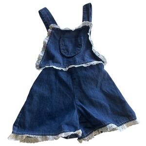 Vintage Girltown Kids Denim Ruffle Lace Overalls Shorts Size 4 Blue